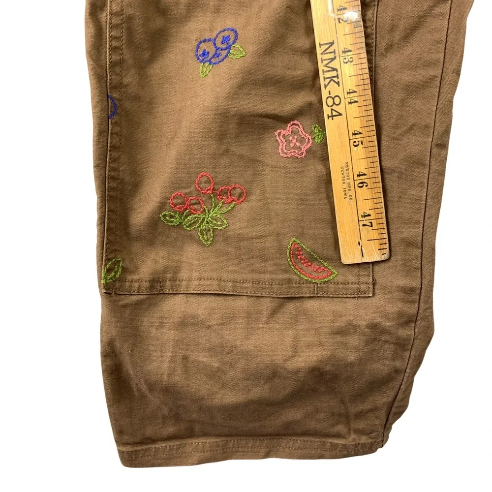Toad&Co Juniper Utility Overalls Womens M Brown Canvas Fruit Embroidered Bibs